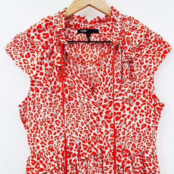 Maje Rutti Ruffled Leopard-Print Mini Dress in Red Orange Size Small - Picture 5 of 13